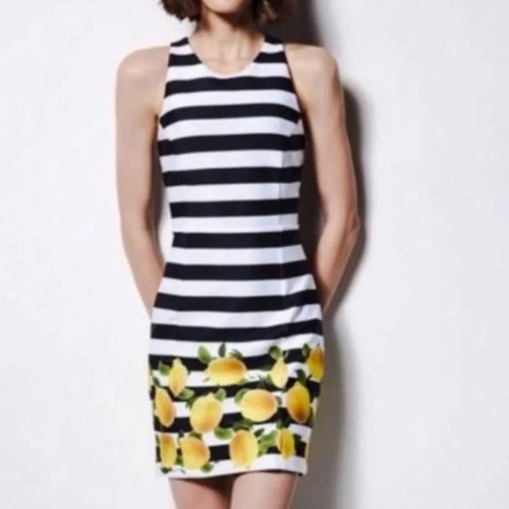 Milly for Design Nation Striped Lemon Print Sleeveless Sheath Dress Womens 6‎